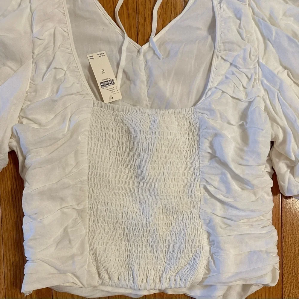 Anthropologie Pilcro Ruched Puff-Sleeve Top XL White Tie String Back New